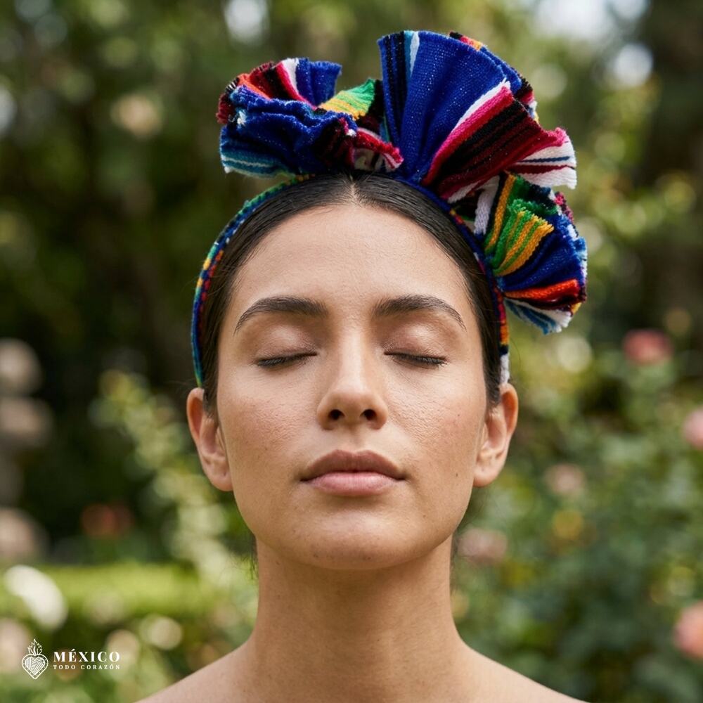 Blue Mexican Cambaya Bow Headband – Colorful Ruffled Fabric Artisan Fiesta Gift.